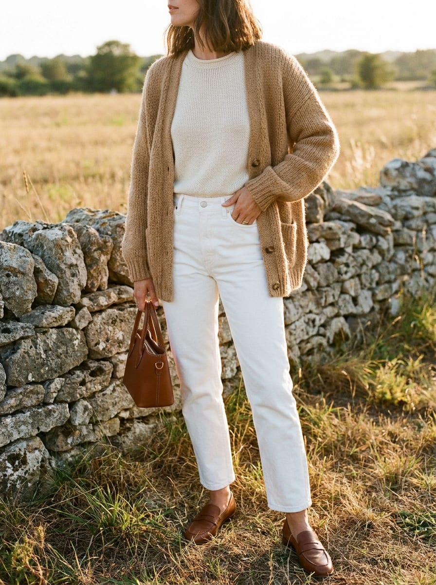 Weiße Jeans mit Camel Cardigan - Spätsommer Outfit